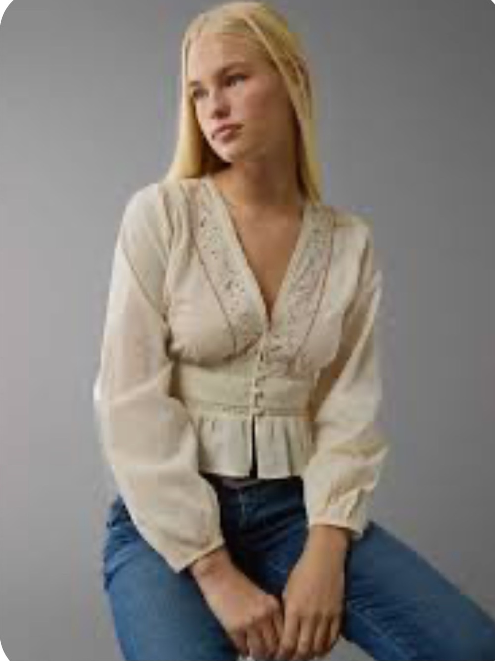 NWT American Eagle ($59.95) Cream Embroidered Peplum Top